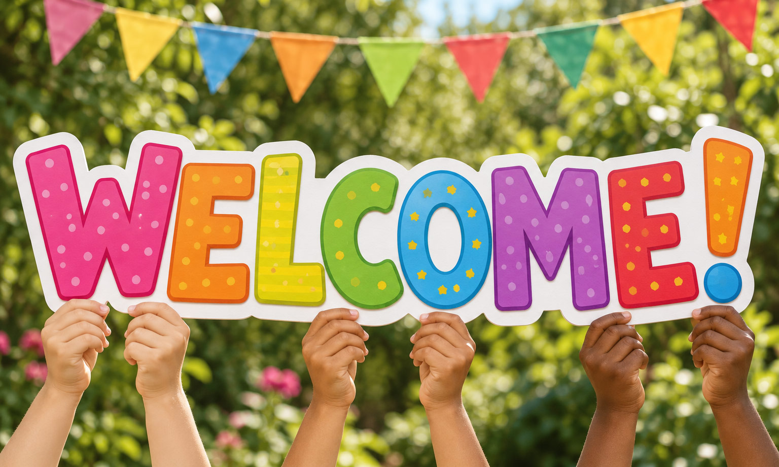 Children holding a colourful welcome sign beneath garden bunting