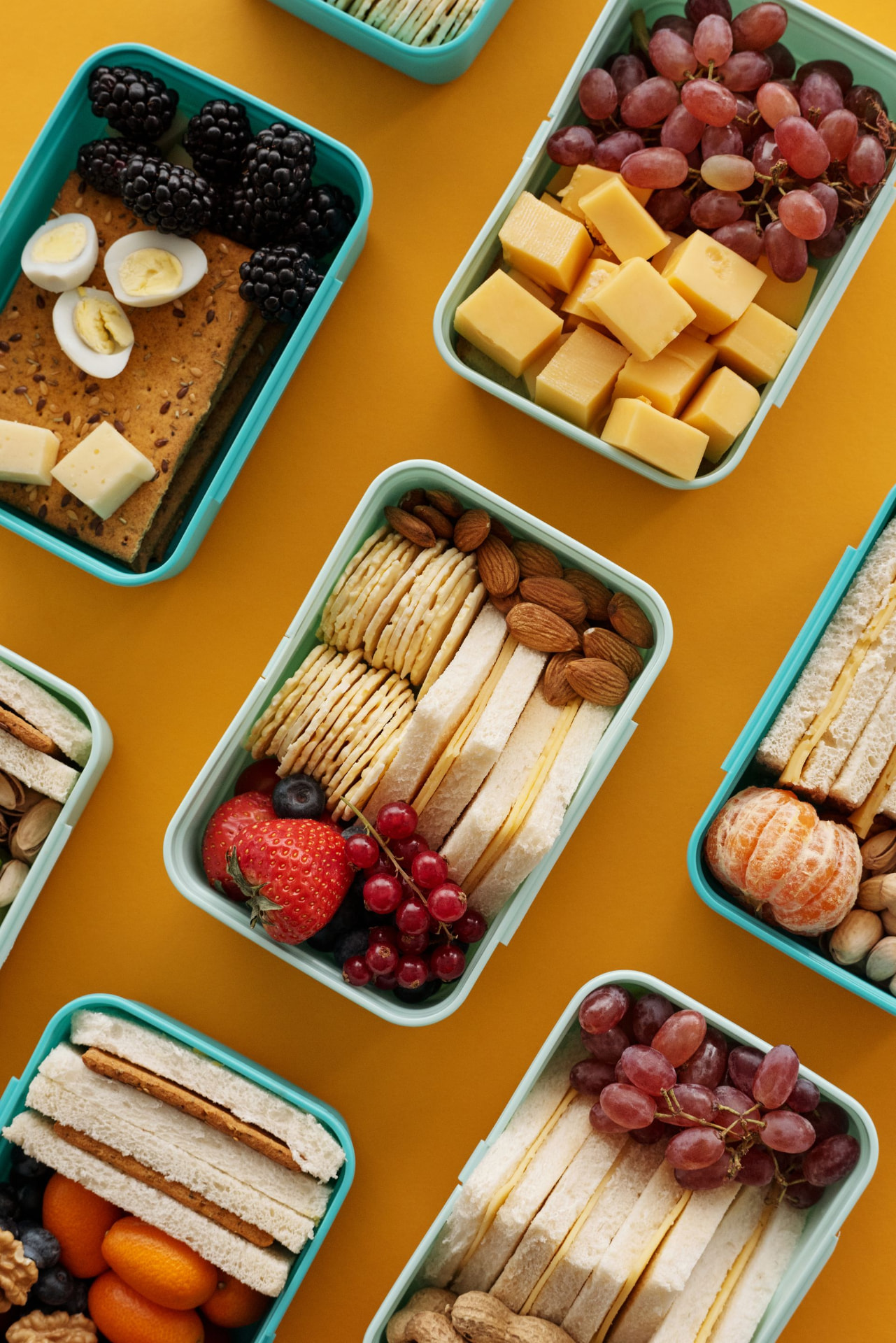 Lunchboxes filled with sandwiches, fruit, cheese and crackers